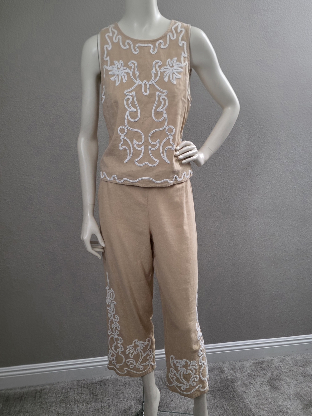Beige Embroidered Set - Wide-Leg Cropped Pants & Sleeveless Top
